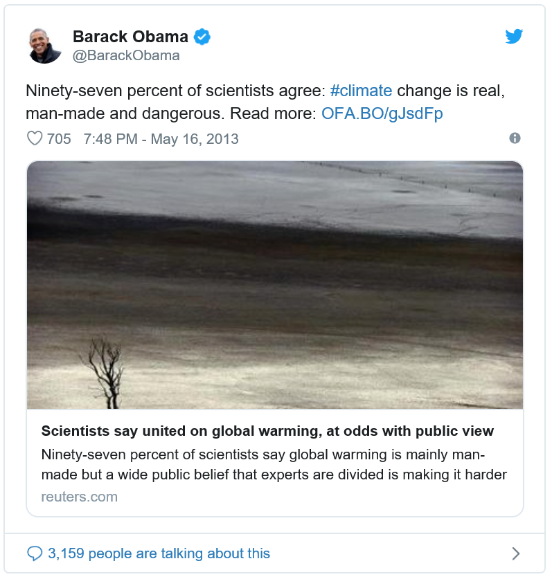 Tweet van Obama over 97% consensus